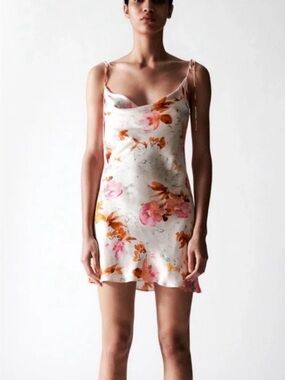 Zara White Slip Dress with Pink & Orange Floral Print